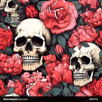 White Skull And Pink Flowers Seamless Pattern