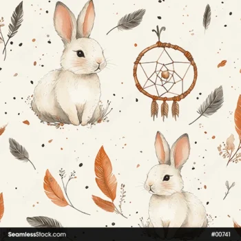 Rabbits, Dream Catchers And Leaves Seamless Pattern