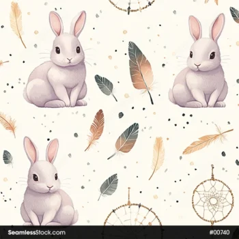 Rabbits, Dream Catchers And Leaves Seamless Pattern