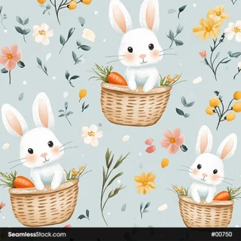 Rabbits On Basket And Carrots Seamless Pattern