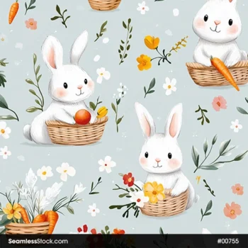 Rabbits On Basket And Carrots Seamless Pattern