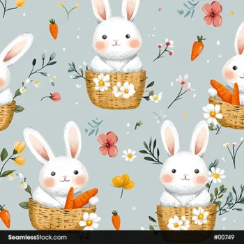 Rabbits On Basket And Carrots Seamless Pattern