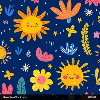 Suns, Flowers And Leaves Childish Style Seamless Pattern