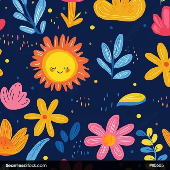 Suns, Flowers And Leaves Childish Style Seamless Pattern