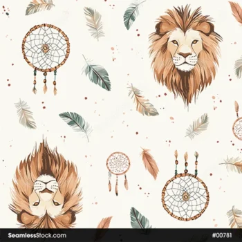 Beautiful Lions, Dreamcatchers And Feathers Seamless Pattern