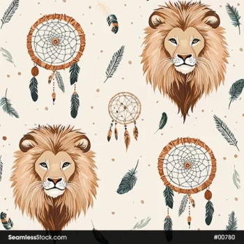 Beautiful Lions, Dreamcatchers And Feathers Seamless Pattern
