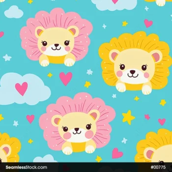 Childish Lions Clouds And Hearts Seamless Pattern