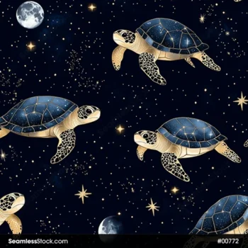 Sea Turtles, Stars And Moon Seamless Pattern
