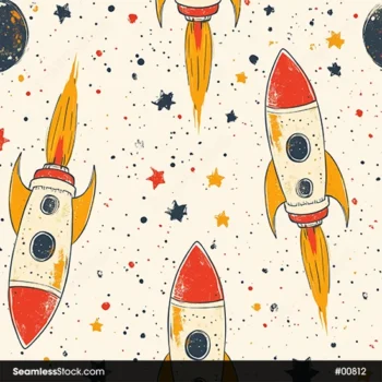 Colorful Rockets And Stars On Beige Background Seamless Pattern