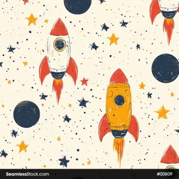 Colorful Rockets And Stars On Beige Background Seamless Pattern