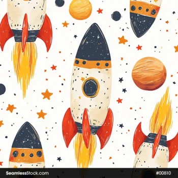 Colorful Rockets And Stars On White Background Seamless Pattern