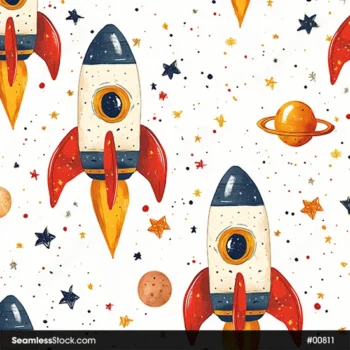 Colorful Rockets And Stars On White Background Seamless Pattern