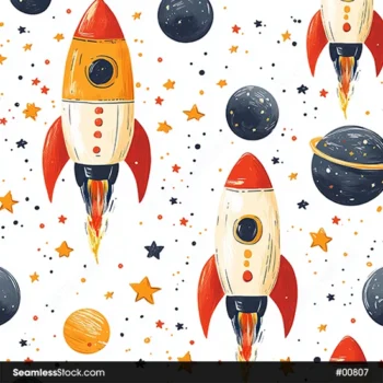 Colorful Rockets And Stars On White Background Seamless Pattern