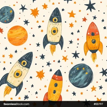 Colorful Rockets, Stars And Planets Seamless Pattern