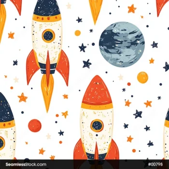 Colorful Rockets, Stars And Planets Seamless Pattern