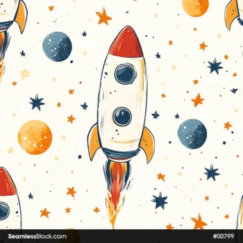Colorful Rockets, Stars And Planets Seamless Pattern