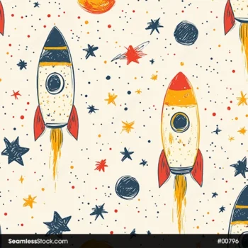 Colorful Rockets, Stars And Planets Seamless Pattern