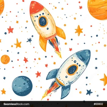 Colorful Rockets, Stars And Planets Seamless Pattern