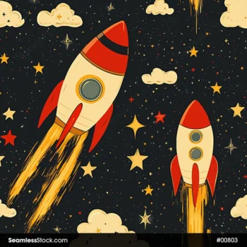 Colorful Rockets, Stars And Planets Dark Background Seamless Pattern