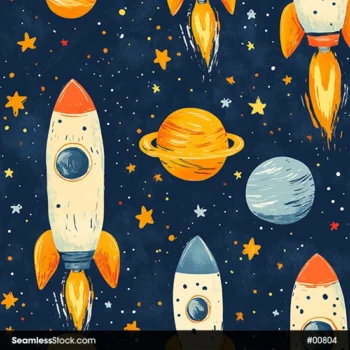 Colorful Rockets, Stars And Planets Navy Blue Background Seamless Pattern