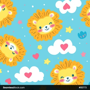 Cute Lions, Clouds And Hearts Seamless Pattern