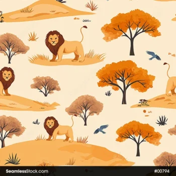 Lions And Trees On Savannah Seamless Pattern