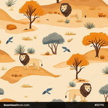 Lions And Trees On Savannah Seamless Pattern