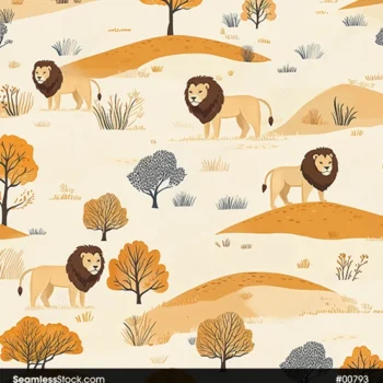 Lions And Trees On Savannah Seamless Pattern