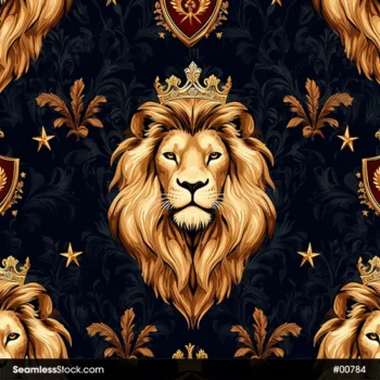 Majestic Lions With Crowns, Shields And Stars Seamless Pattern