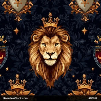 Majestic Lions With Crowns, Shields And Stars Seamless Pattern