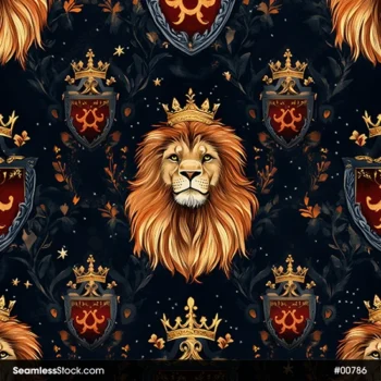 Majestic Lions With Crowns, Shields And Stars Seamless Pattern