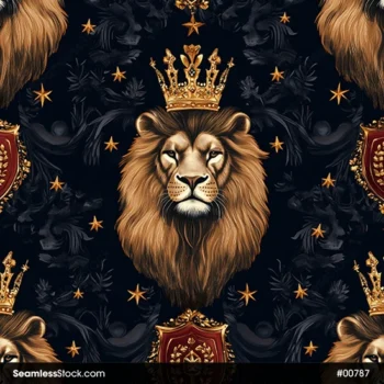Majestic Lions With Crowns, Shields And Stars Seamless Pattern