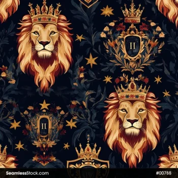 Majestic Lions With Crowns, Shields And Stars Seamless Pattern