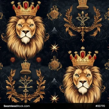 Majestic Lions With Crowns, Shields And Stars Seamless Pattern