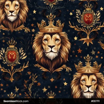 Majestic Lions With Crowns, Shields And Stars Seamless Pattern