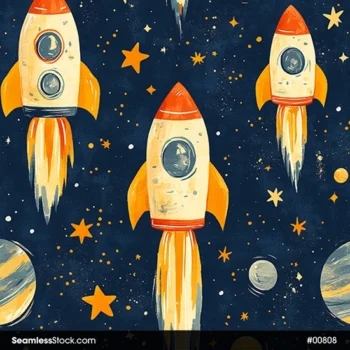 Rockets And Stars On A Universe Background Seamless Pattern