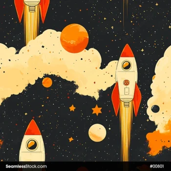 Rockets, Stars And Clouds Seamless Pattern