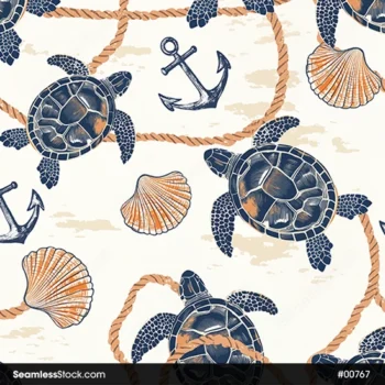 Sea Turtles Seashells And Anchors Seamless Pattern
