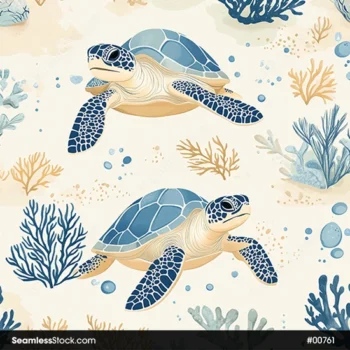 Watercolor Sea Turtles And Seaweeds Seamless Pattern