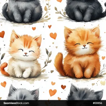 Cute Kittens And Hearts Seamless Pattern