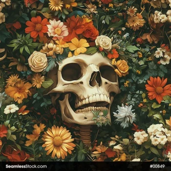 Realistic Skull And Flowers Seamless Pattern