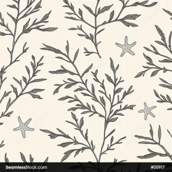 seamless-pattern-algae-and-starfish-on-beige-background