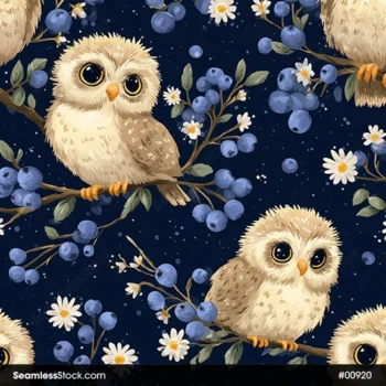 Beautiful Owls And Blueberries Seamless Pattern