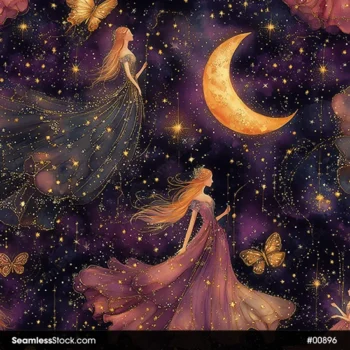 Beautiful Princess And Starry Night And Moon Seamless Pattern