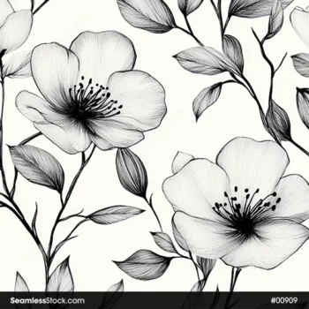 Black And White Flowers And Leaves Seamless Pattern