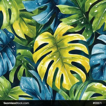 Blue, Yellow And Green Monsteras Seamless Pattern