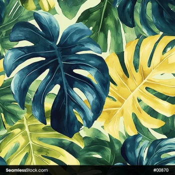 Blue, Yellow And Green Monsteras Seamless Pattern