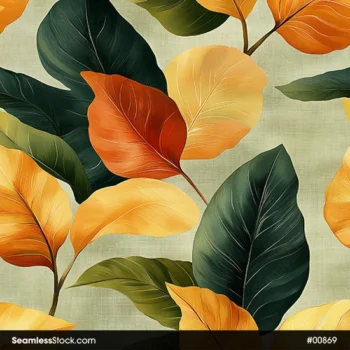 Colorful Leaves On Greenish Background Seamless Pattern