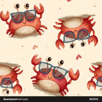 Crabs Illustration Watercolor Style Seamless Pattern