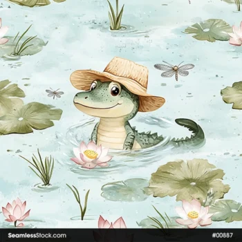 Cute Alligator With Hat On A Lake Seamless Pattern